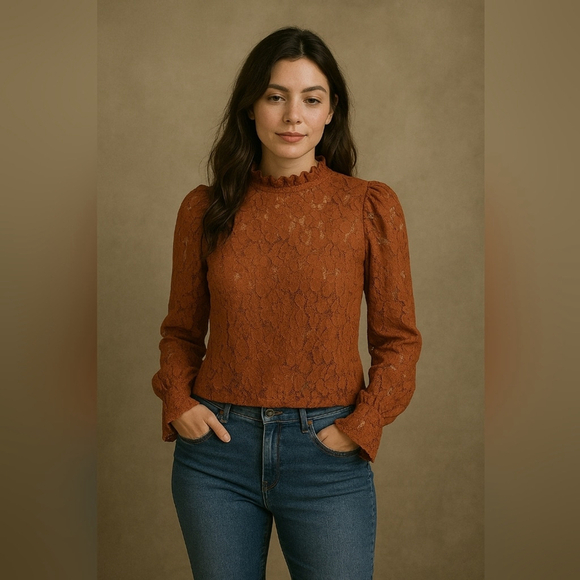Unbranded Tops - Rust Lace Long Sleeve Blouse with Ruffled Neckline